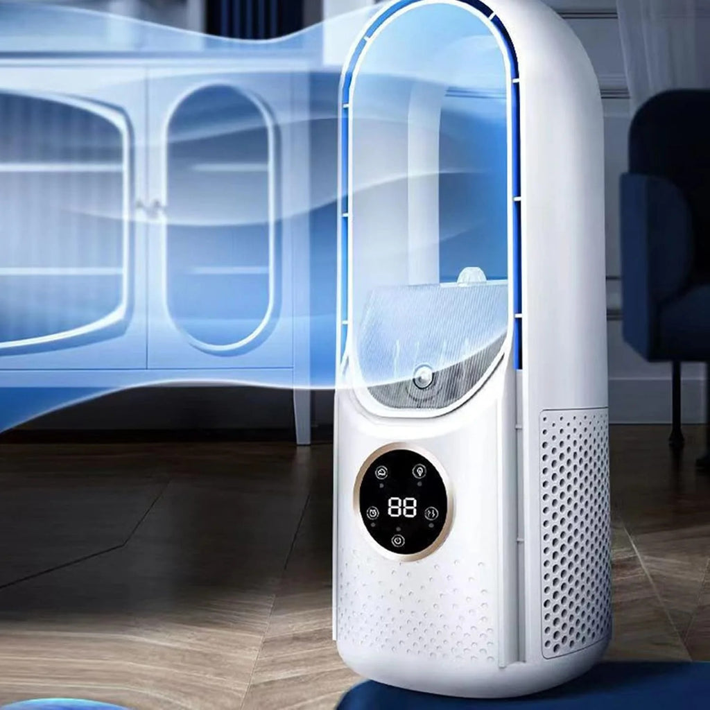 White air purifier with digital display on a wooden floor
