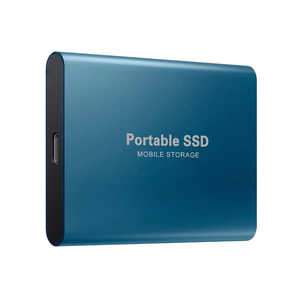Blue portable SSD with 'Portable SSD Mobile Storage' text on a white background