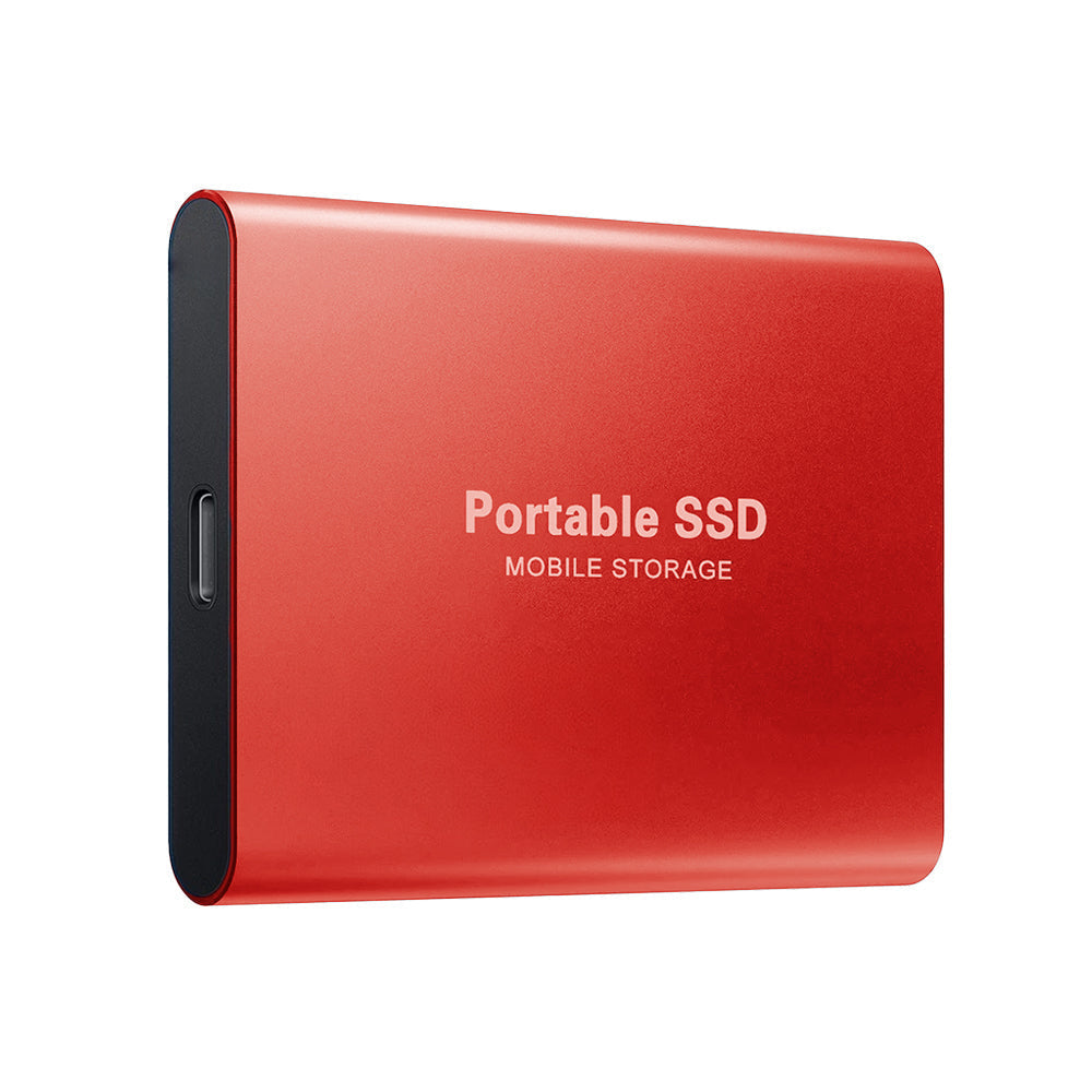 Red portable SSD with 'Portable SSD Mobile Storage' text on a white background