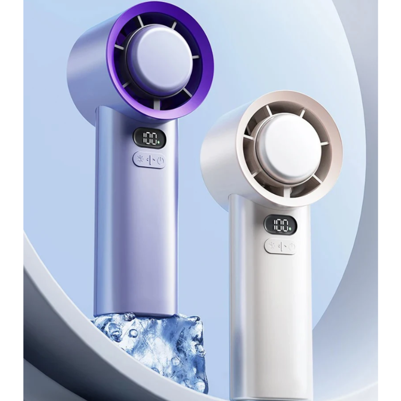 Two handheld fans, one purple and one white, with digital displays on a light blue background.