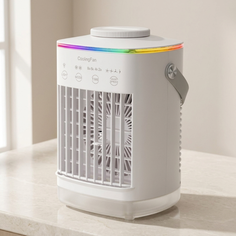 White cooling fan with colorful light on top, placed on a surface with a neutral background.