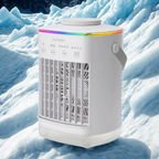 Portable air cooler with RGB lighting on a snowy background
