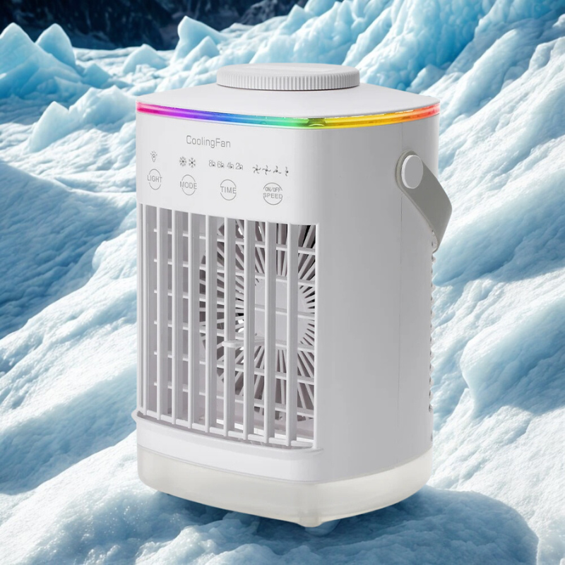Portable air cooler with RGB lighting on a snowy background