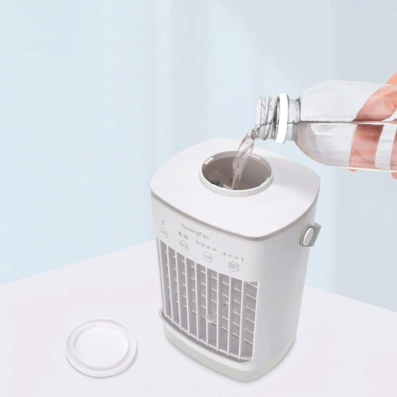 Person pouring water into a white humidifier on a light blue background