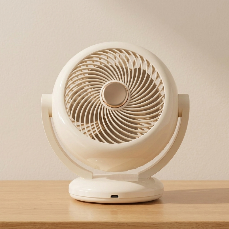 White fan on a wooden surface with a plain background