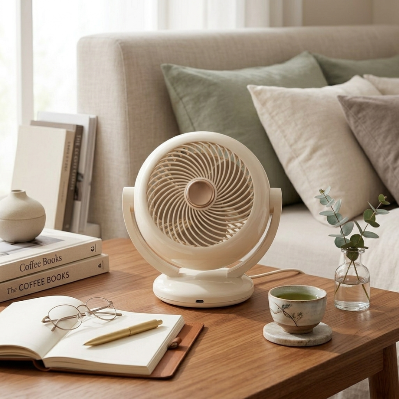 White fan on a wooden table with a cup, glasses, and books in a cozy living room setting.