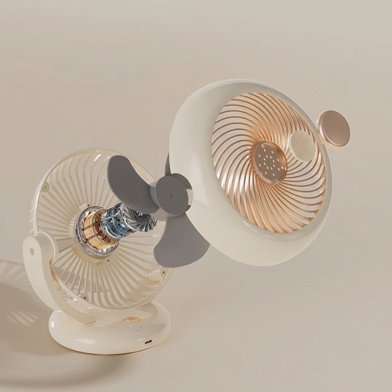 Two white fans with gold accents on a beige background