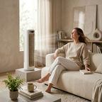 Woman relaxing on a couch next to a floor-standing air conditioner in a bright living room.