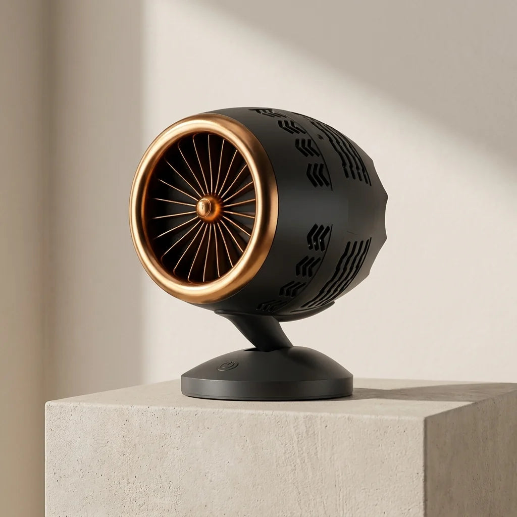 Decorative black and gold object on a light gray pedestal against a neutral background