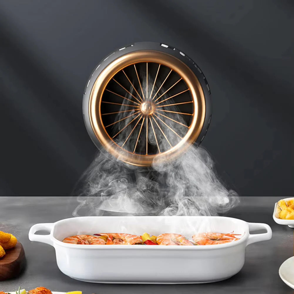 Bicycle wheel with steam rising from a dish of food on a dark background