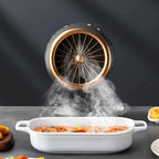 Bicycle wheel with steam rising from a dish of food on a dark background