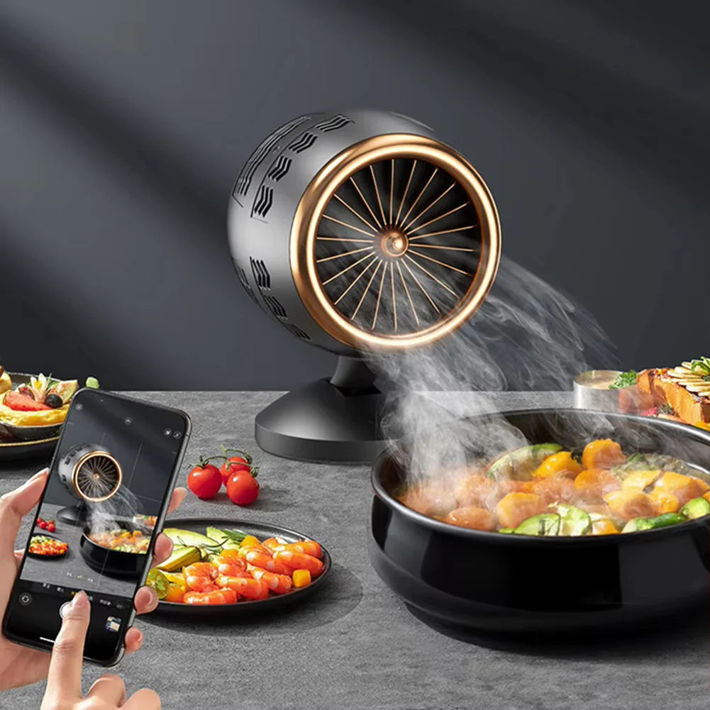 Steamboat with a fan and smartphone app on a dark background