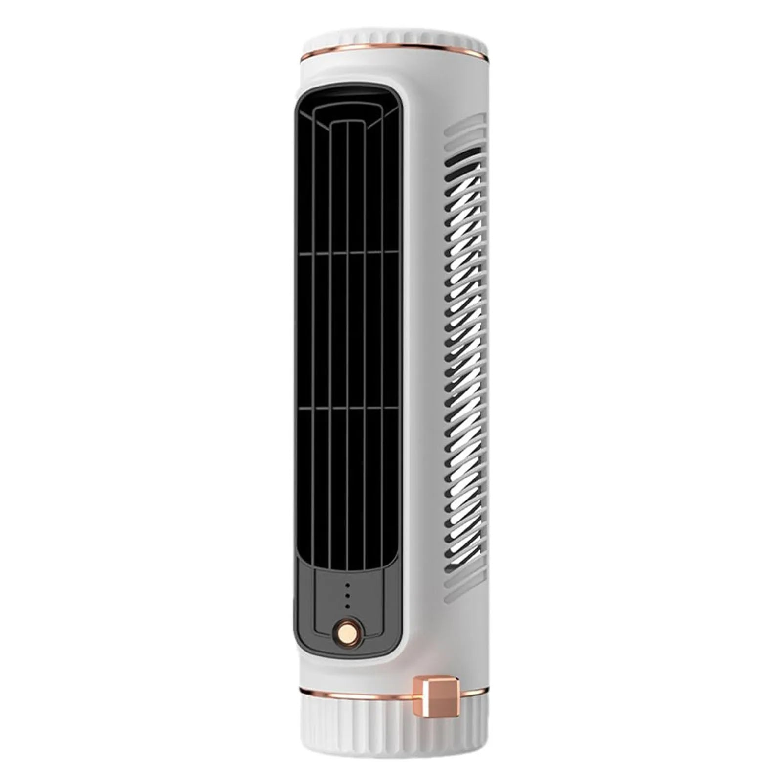 Tall cylindrical air conditioner with white and rose gold design on a white background