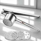 Metallic kitchen tool with interchangeable discs on a reflective surface