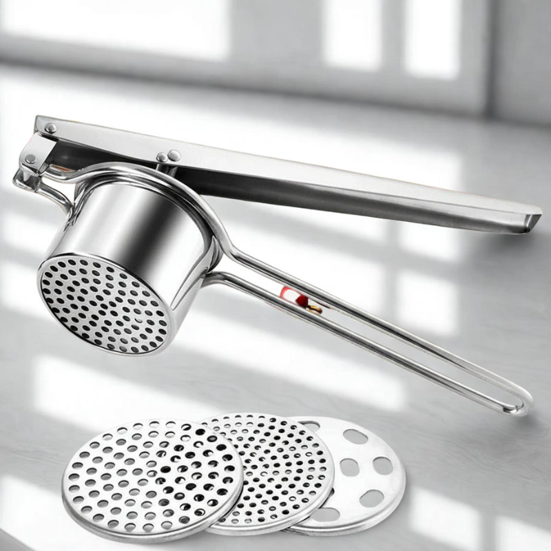Metallic kitchen tool with interchangeable discs on a reflective surface