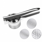 Metallic kitchen tool with three interchangeable discs on a white background