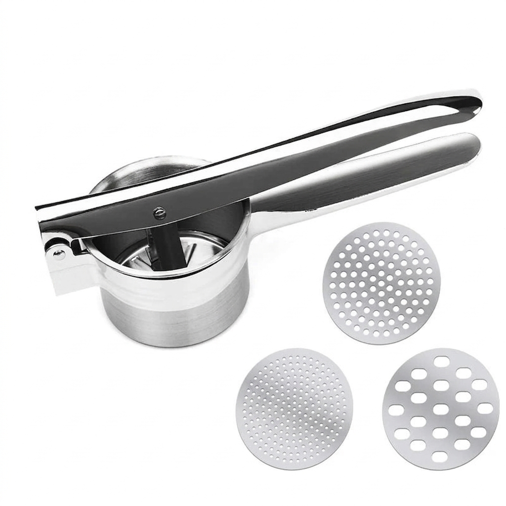 Metallic kitchen tool with three interchangeable discs on a white background