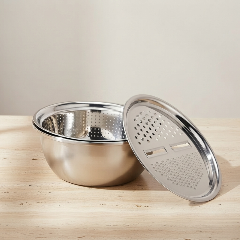 A stainless steel mixing bowl with a matching perforated metal lid resting beside it on a light wood surface against a neutral beige background.
