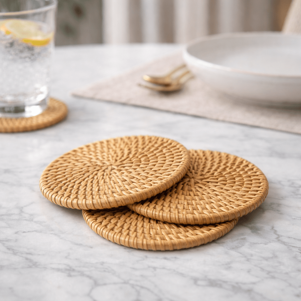 Rattan Drink Coasters - Stylish Heat-Insulating Table Protection 0