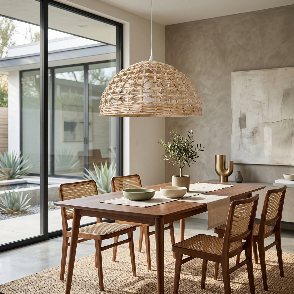 Dining room with wooden table and chairs, wicker pendant light, and large windows.