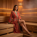 Woman in a red robe sitting in a wooden sauna