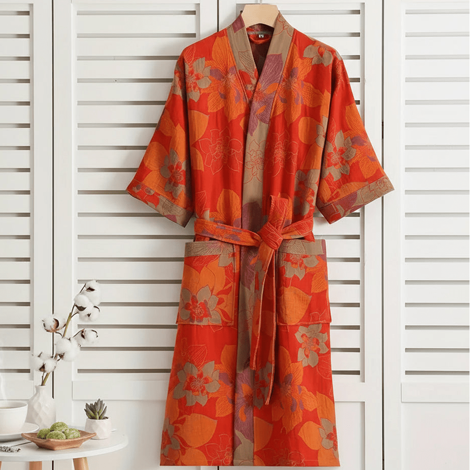 Orange floral kimono hanging against a white wooden panel background