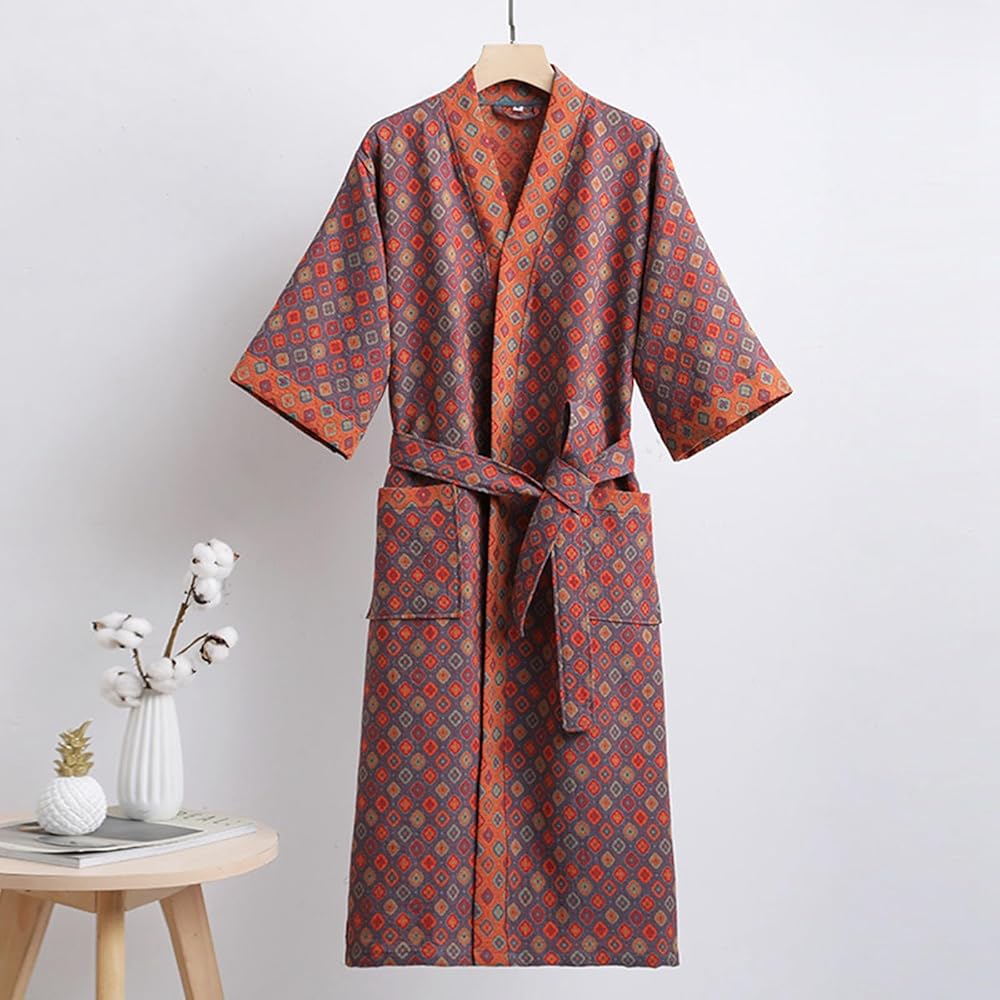 Patterned robe on a hanger against a white background
