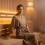 Woman in a patterned robe sitting in a wooden sauna.