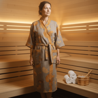 Woman in a patterned robe standing in a wooden sauna with towels and a basket.