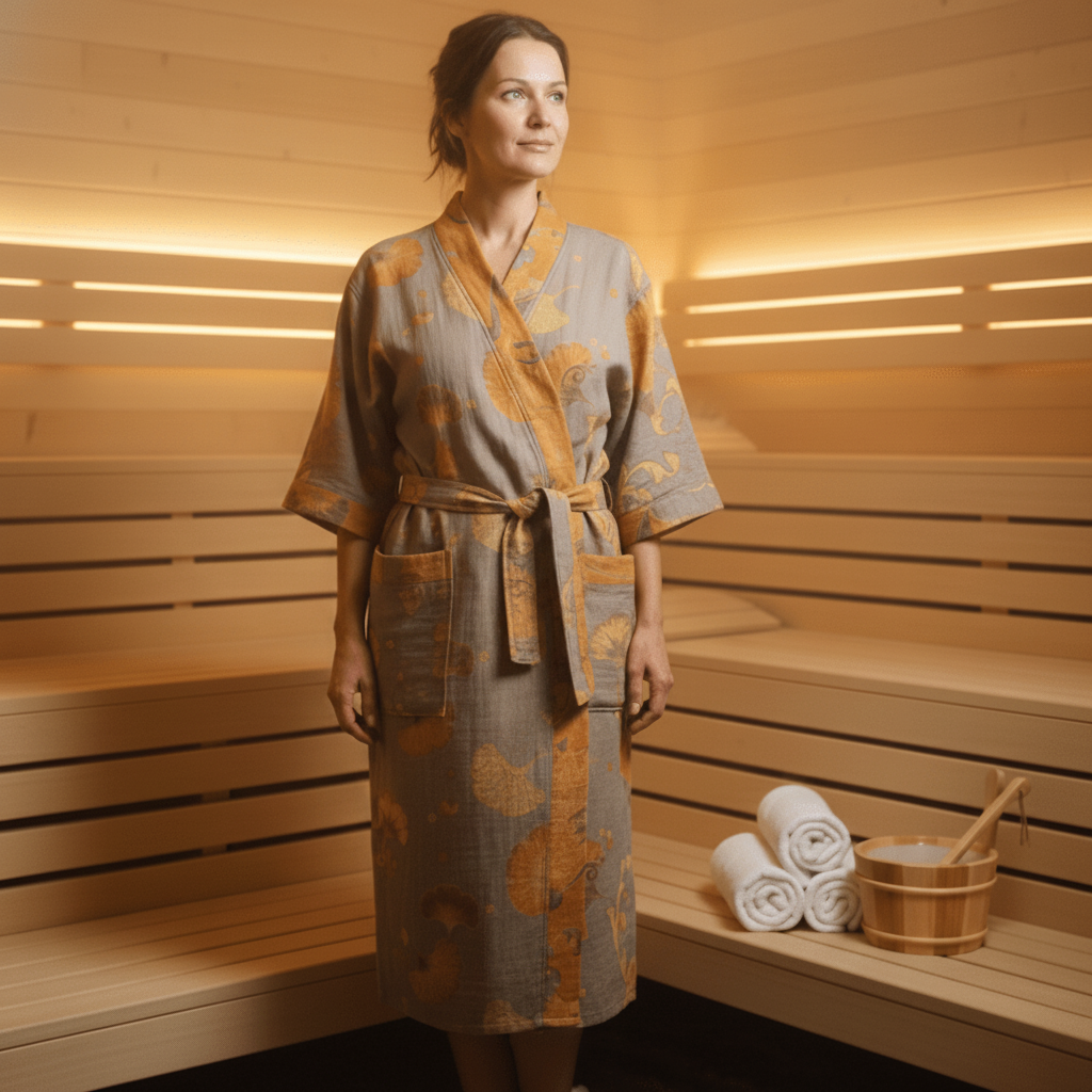Woman in a patterned robe standing in a wooden sauna with towels and a basket.