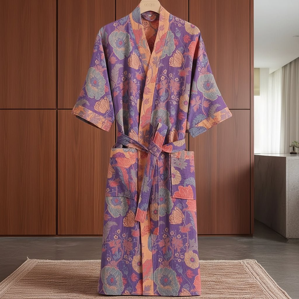 Colorful patterned robe on a hanger against a wooden panel background