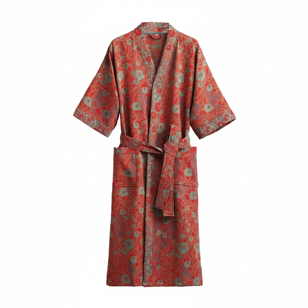 Red floral-patterned robe on a white background