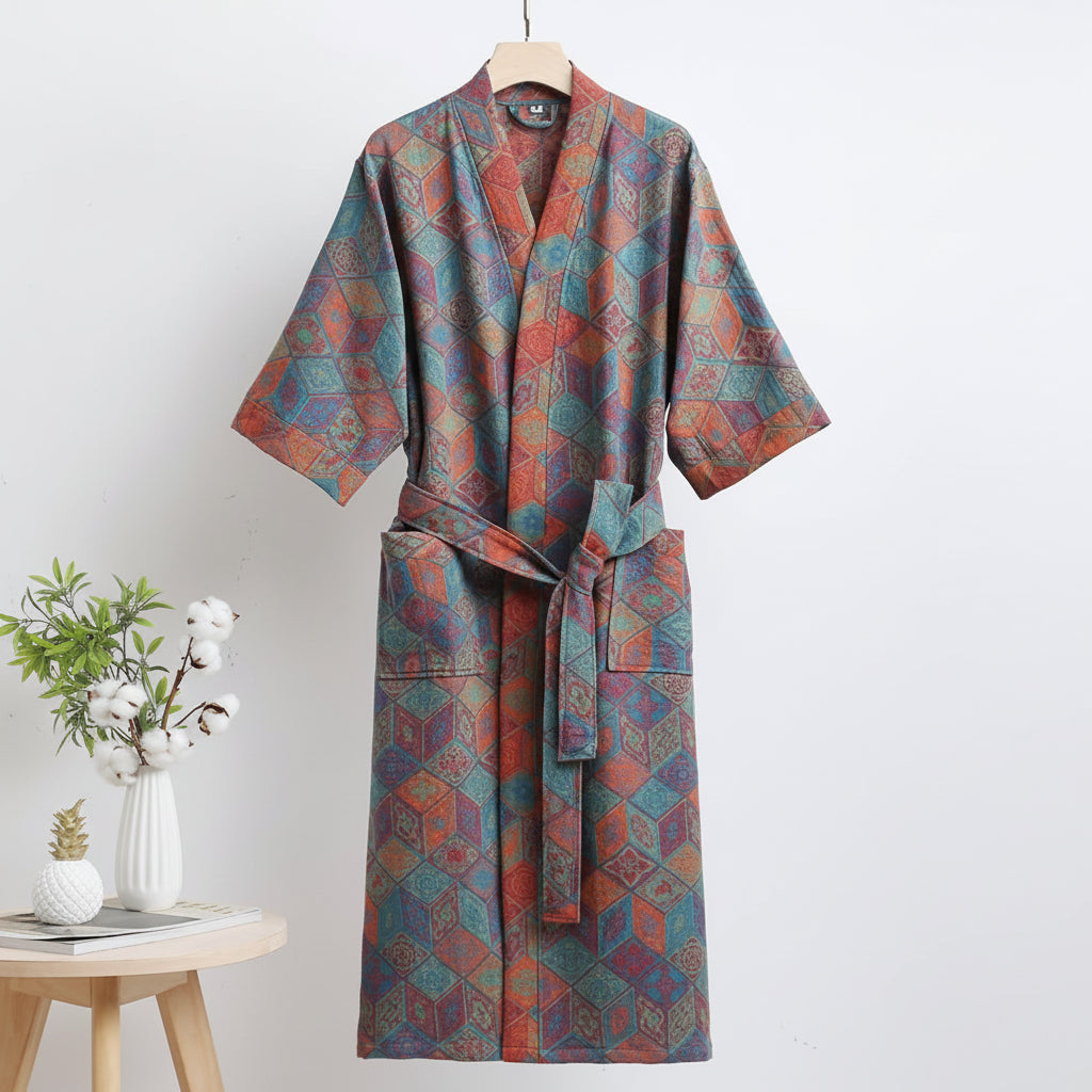 Patterned robe hanging on a hanger against a white background