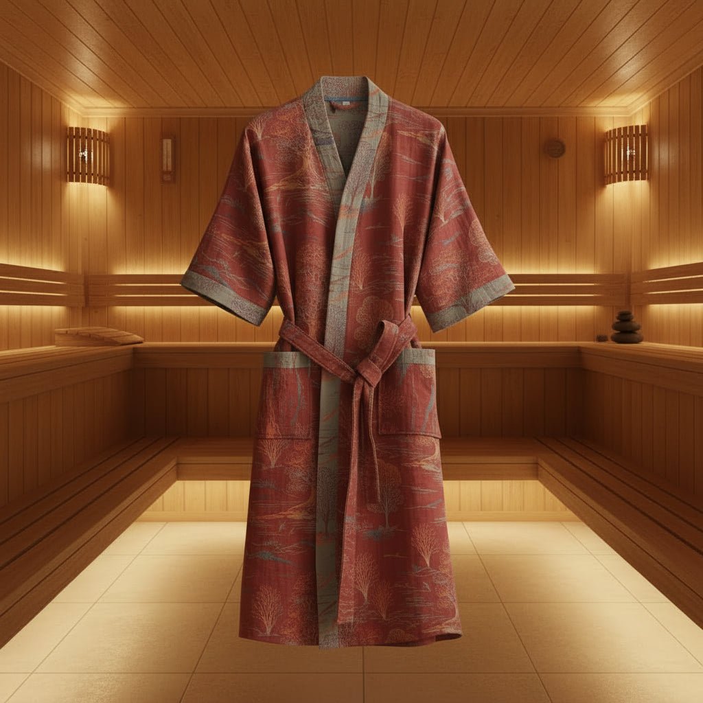 Red patterned bathrobe in a wooden sauna
