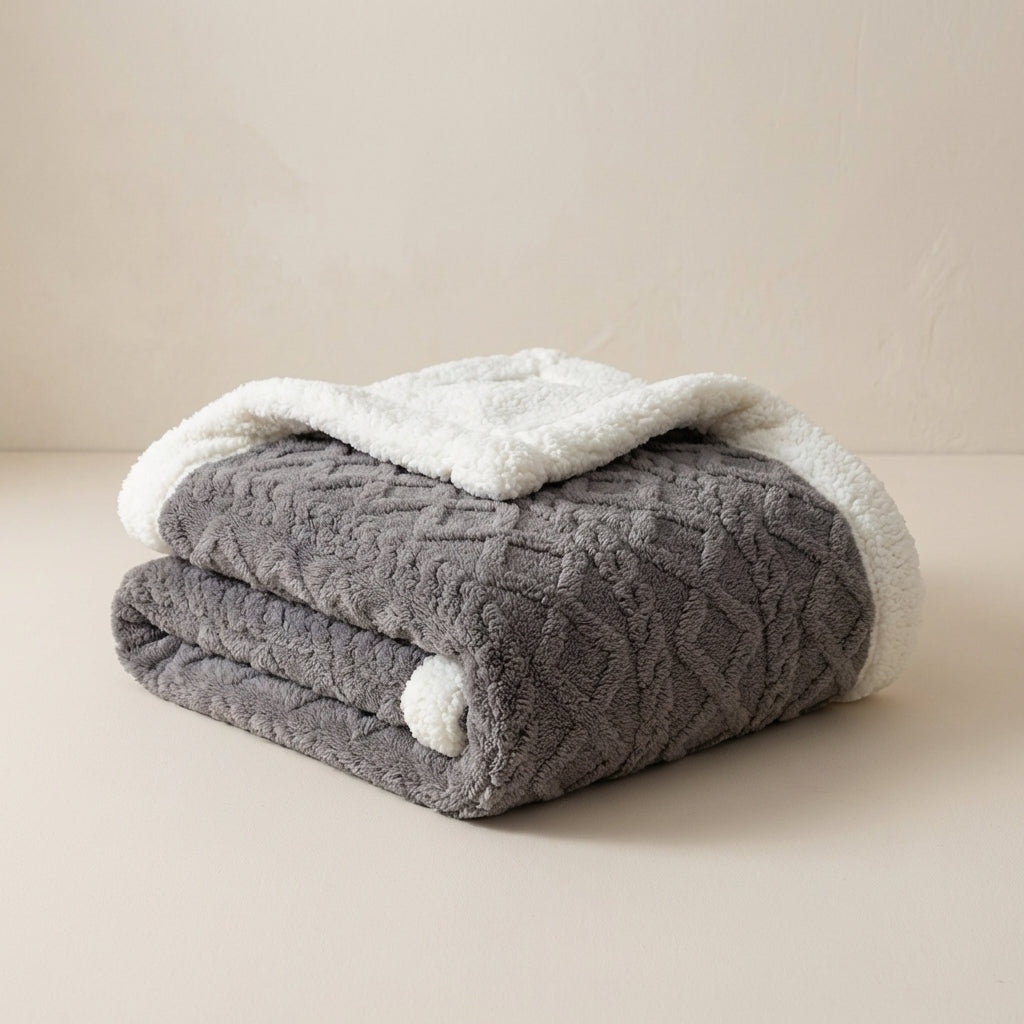Folded gray and white textured blanket on a beige surface