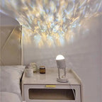 Modern nightstand with decorative lamp and nightlight projection on wall