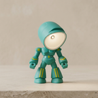 Turquoise robot toy with a white face on a beige background