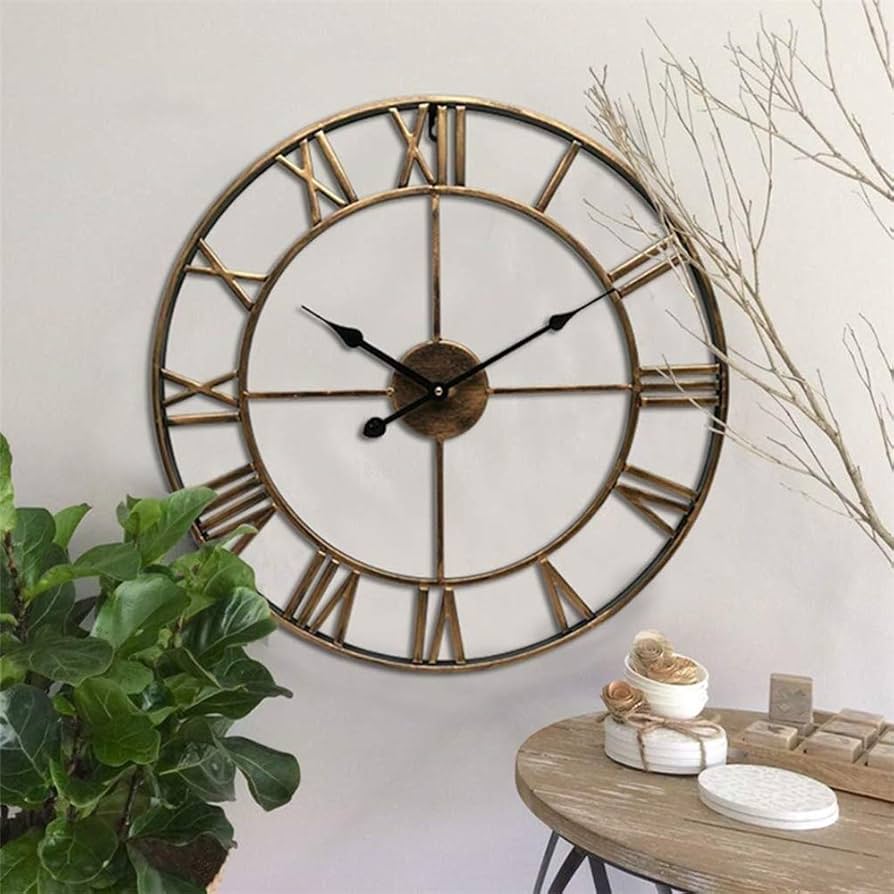Large decorative wall clock with Roman numerals in a home setting.