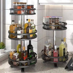 Corner storage rack with bottles and jars in a kitchen setting