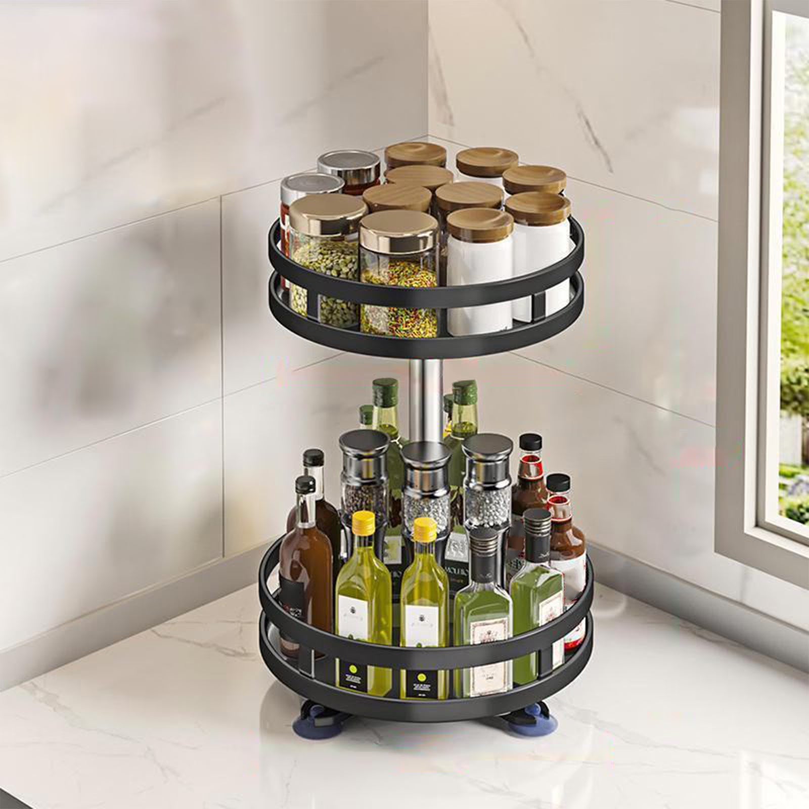 Spice rack with jars and bottles on a kitchen counter