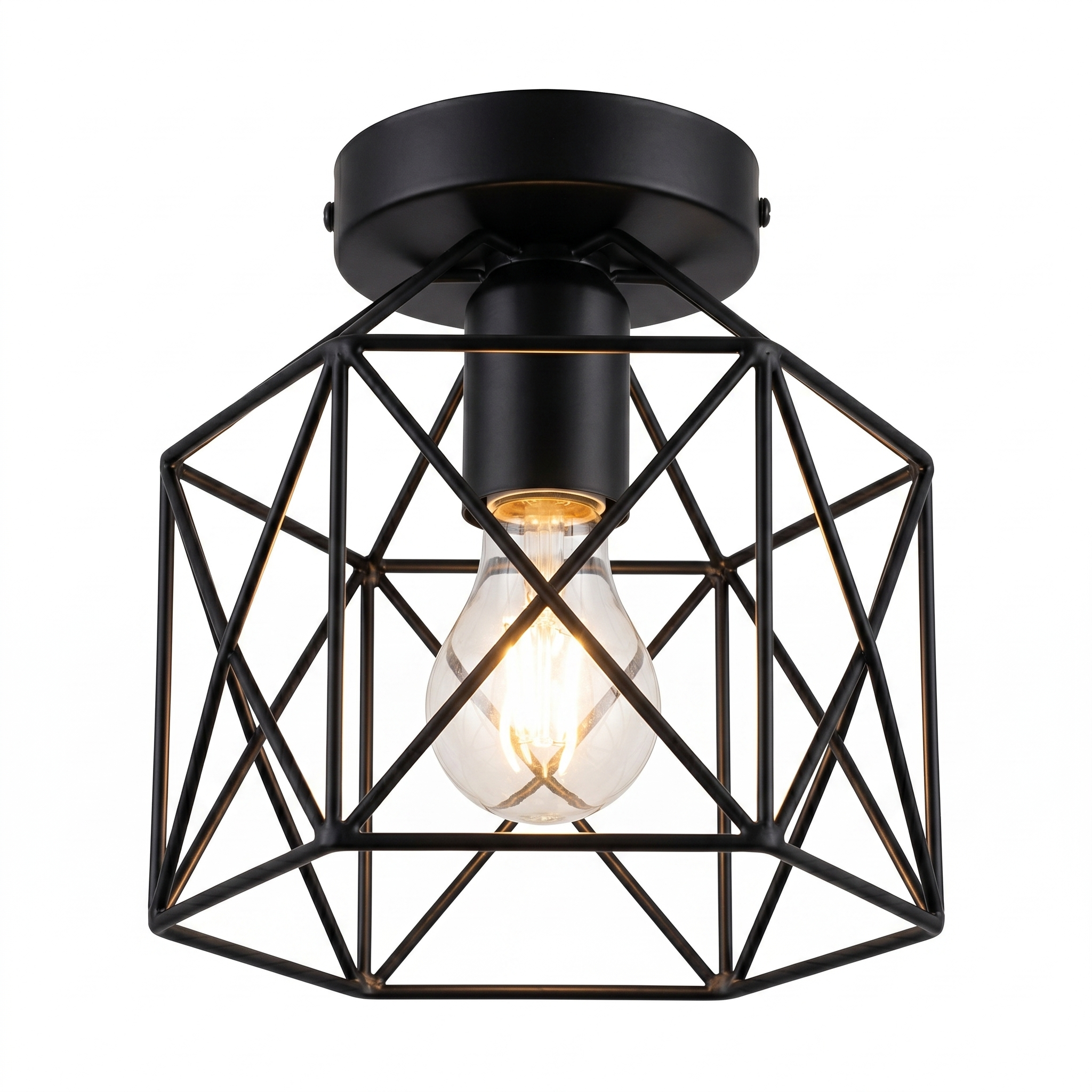 Round Flush Mount Ceiling Light - Modern Cage Design, E27 Socket 2
