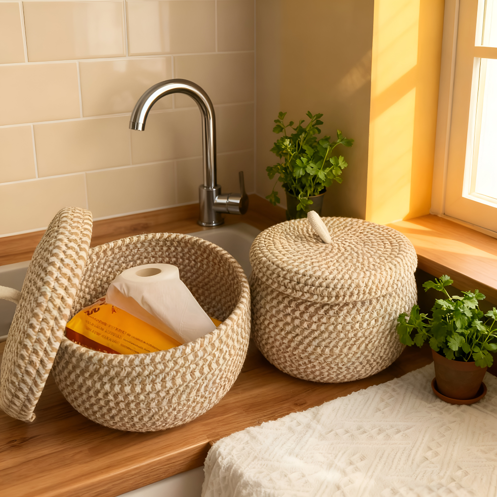 Woven baskets on a kitchen counter with a sink and window in the background.