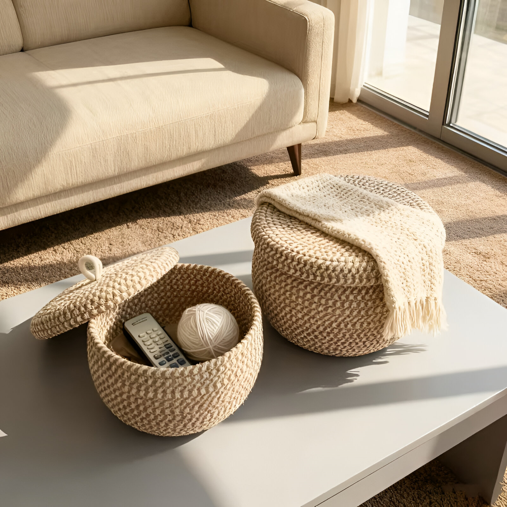 Woven baskets and a blanket on a coffee table in a living room setting.