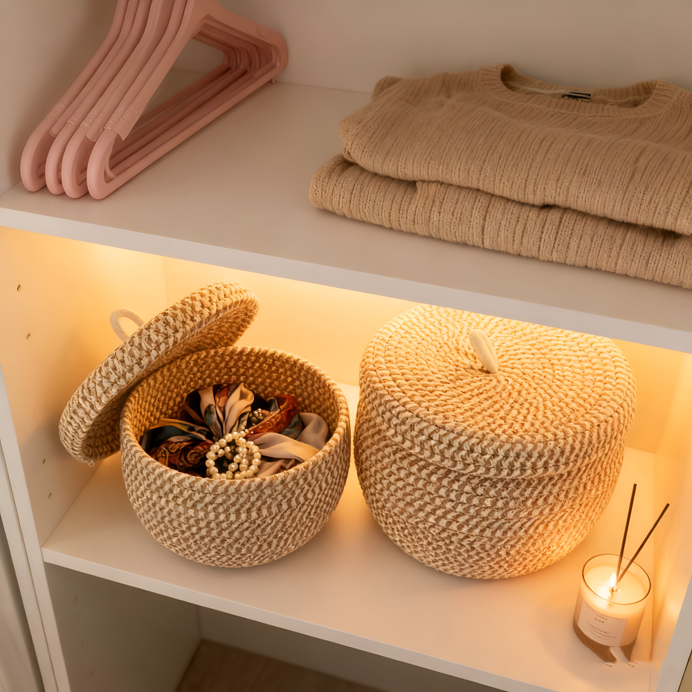 Woven baskets on a shelf with folded clothes and a candle in a softly lit room.