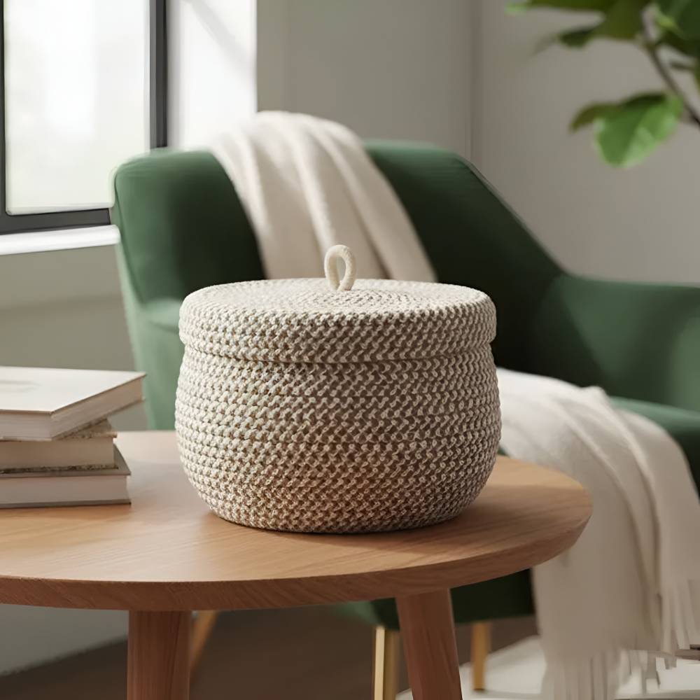 Woven storage basket on a wooden table with a green armchair and books in the background.