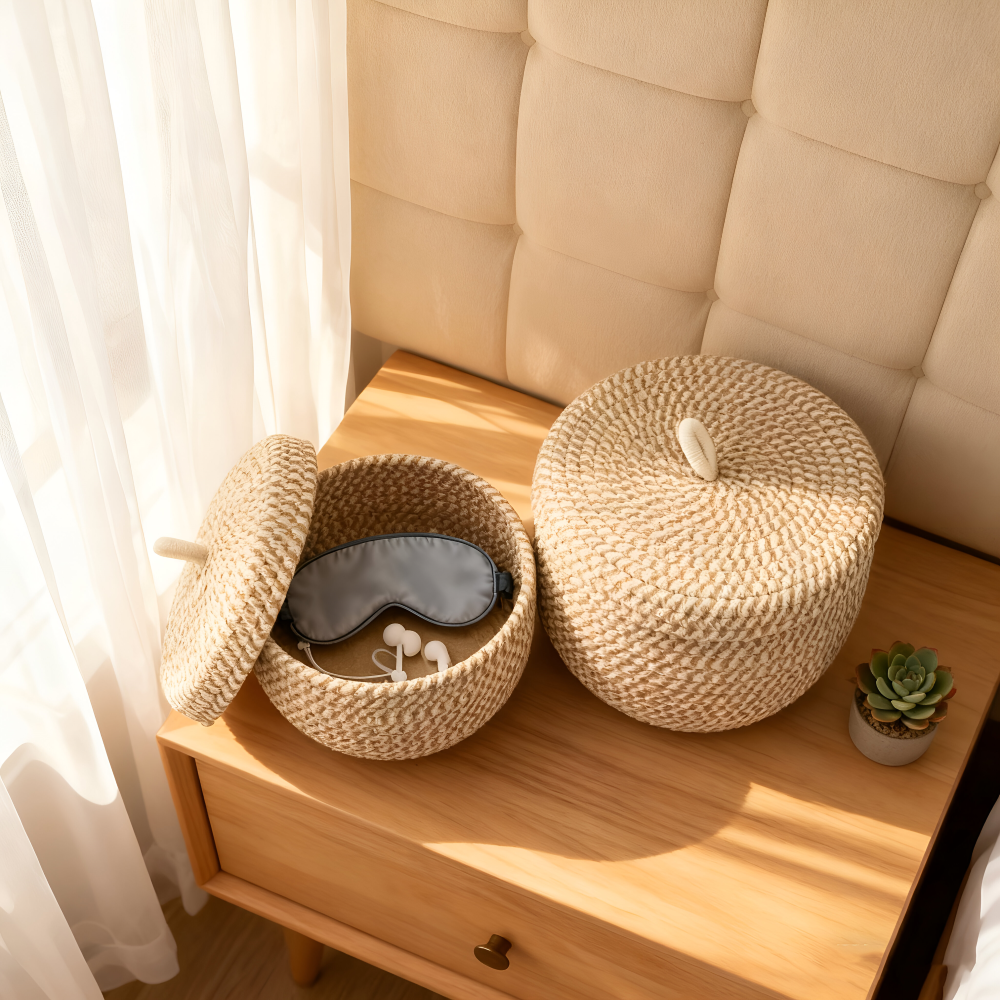 Woven basket and lid on a wooden nightstand with a plant and sleep mask in the background.