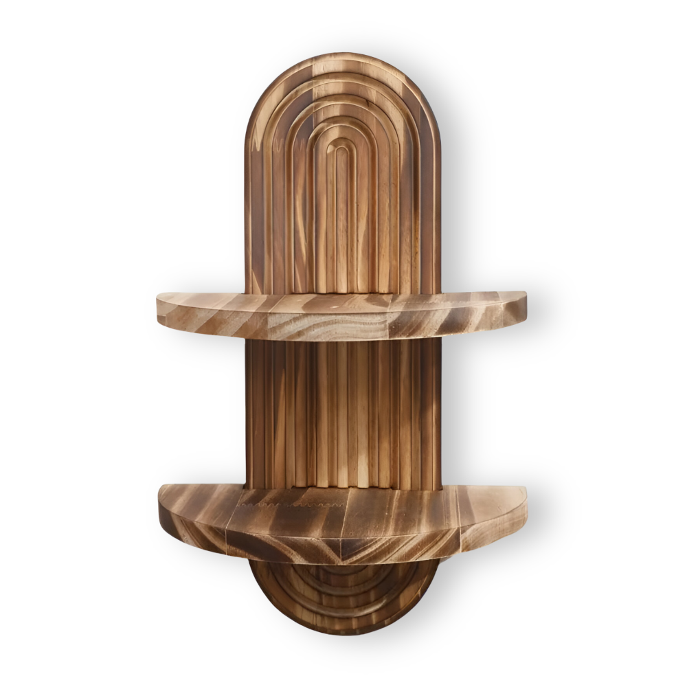 Wooden wall shelf with a natural finish on a white background