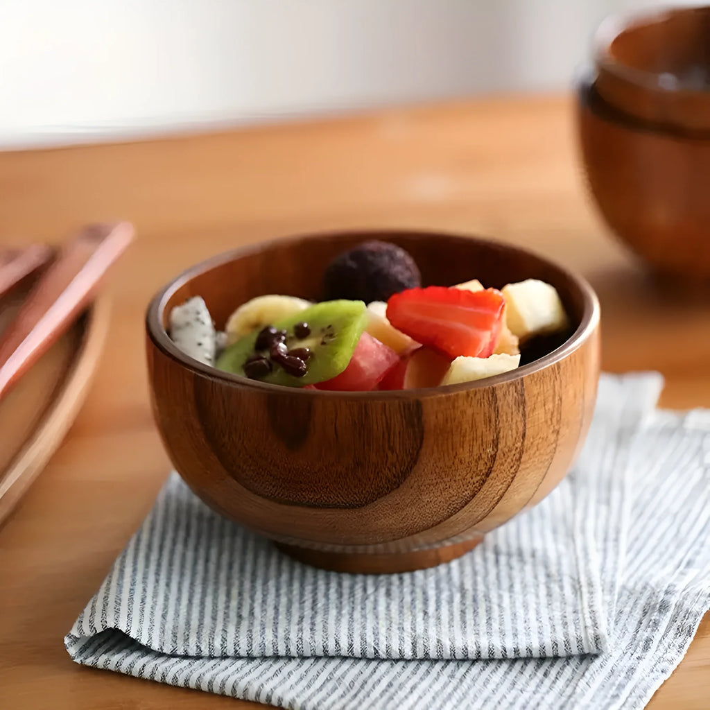 Jujube Wood Serving Bowl, Natural Wood Grain Finish, Raised Base