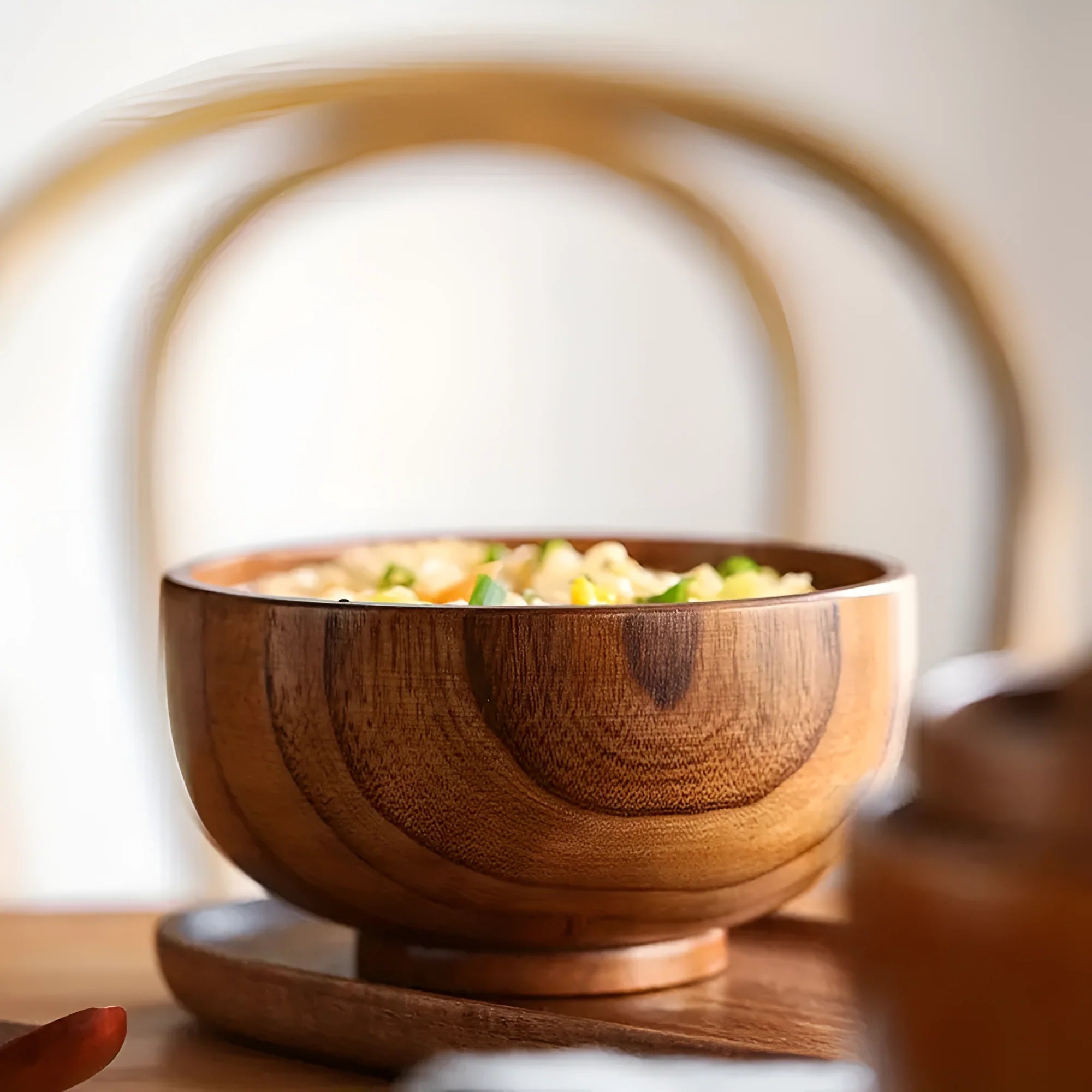 Jujube Wood Serving Bowl, Natural Wood Grain Finish, Raised Base