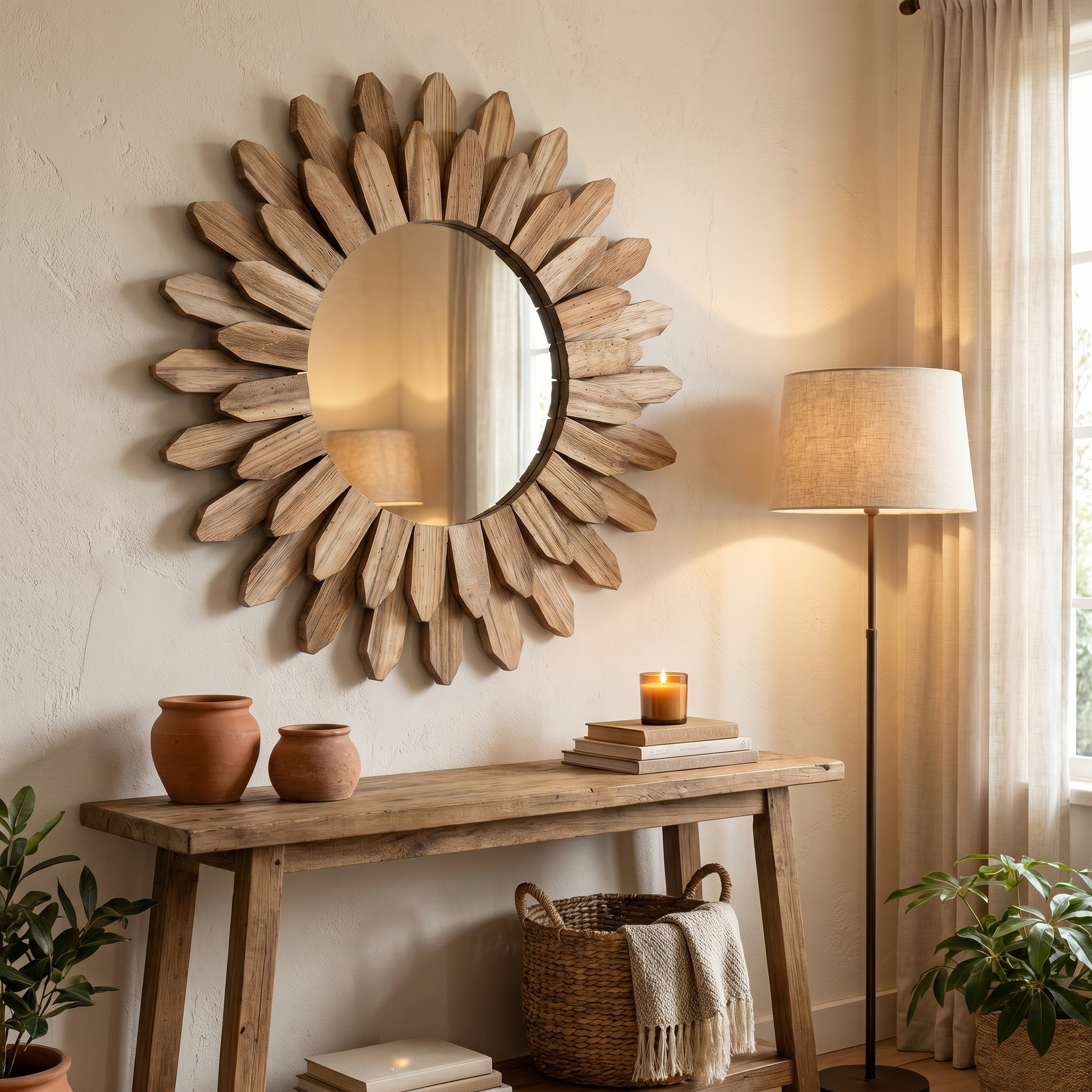 Rustic Sunburst Round Wall Mirror - Handcrafted Solid Wood Design 1